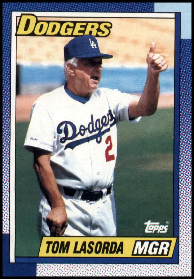 Baseball card of Tommy Lasorda giving a thumbs up for Los Angeles Dodgers baseball