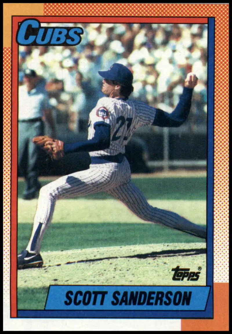 Baseball card of Scott Sanderson pitching for the Chicago Cubs in pinstriped uniform