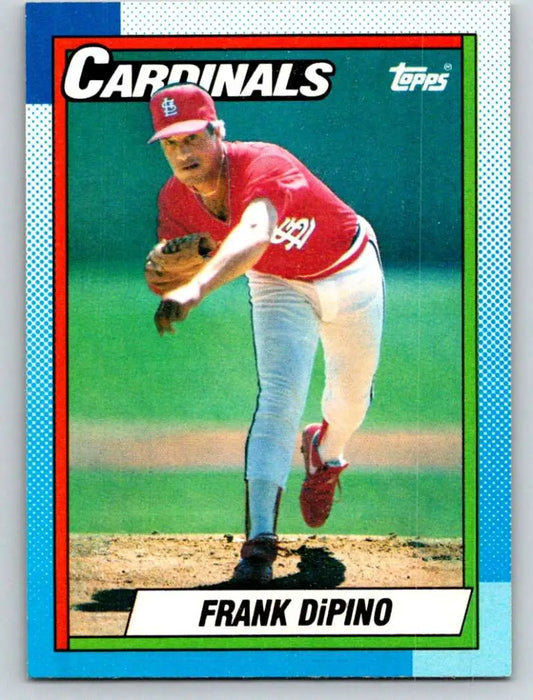 1990 Topps baseball card of Frank DiPino, St. Louis Cardinals pitcher in delivery