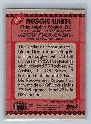 Back of 1990 Topps #86 Reggie White card showcasing stats for trading purposes