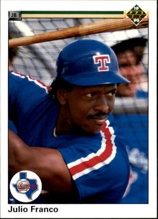 Julio Franco in Texas Rangers cap on 1990 Upper Deck baseball card