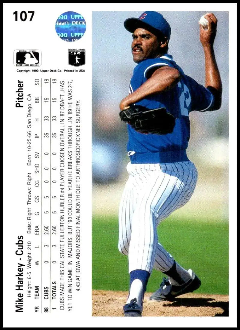 Mike Harkey in blue Cubs uniform delivering pitch on Upper Deck baseball card