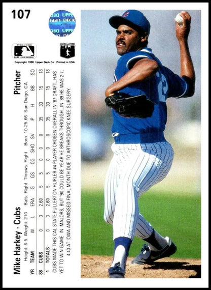 Mike Harkey in blue Cubs uniform delivering pitch on Upper Deck baseball card