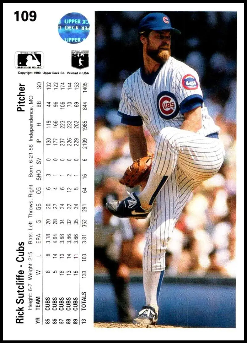 Rick Sutcliffe delivering a pitch in Chicago Cubs pinstriped uniform on baseball card