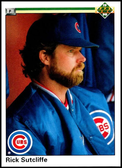 Rick Sutcliffe in Chicago Cubs uniform with beard on 1990 Upper Deck baseball card