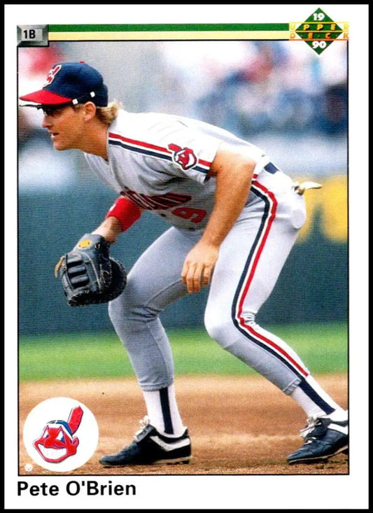 Baseball player Pete O’Brien in Cleveland Indians uniform at first base fielding stance