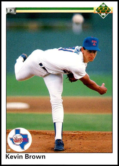 Baseball pitcher Kevin Brown in Texas Rangers uniform delivering a pitch