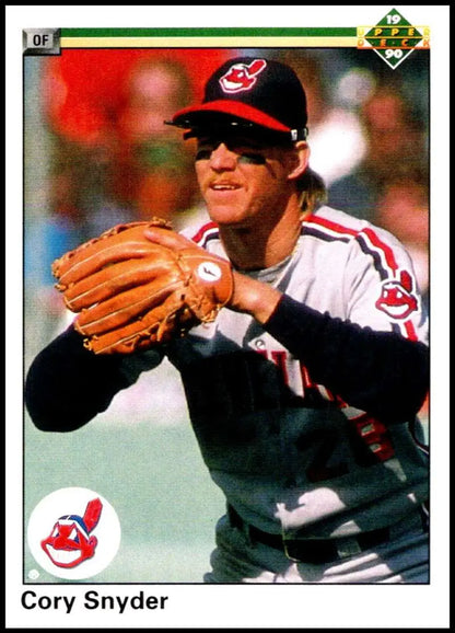 Cory Snyder in Cleveland Indians uniform with glove and sunglasses on Upper Deck card