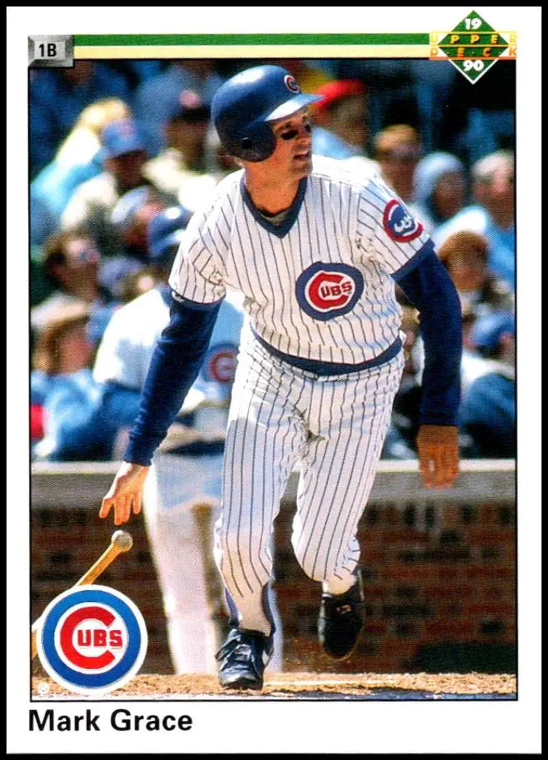 Mark Grace in pinstriped uniform swinging a bat for Chicago Cubs baseball card