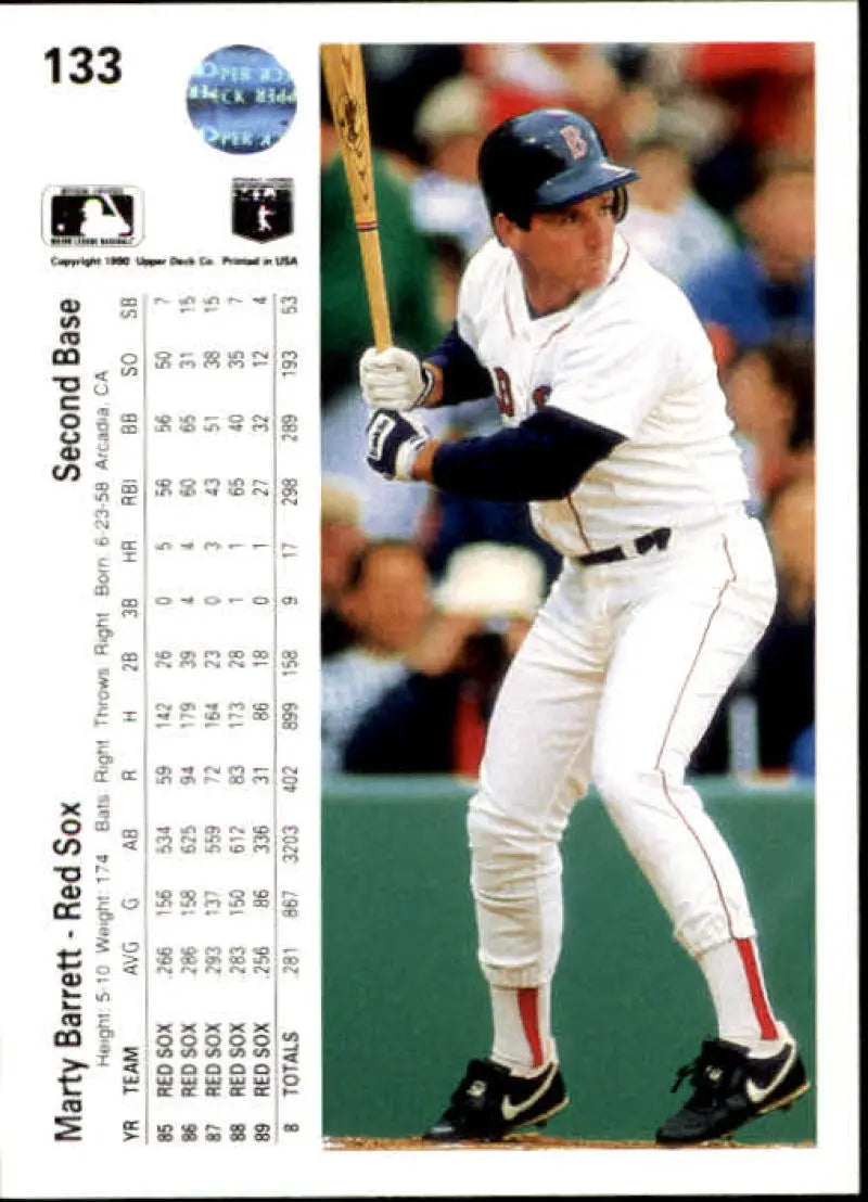 Baseball player in white uniform at bat, 1990 Upper Deck Marty Barrett Red Sox card