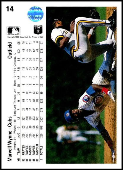 Chicago Cubs baseball card featuring Marvell Wynne sliding into base in 1990 Upper Deck