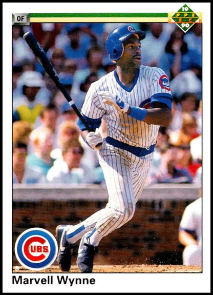 Chicago Cubs baseball card of Marvell Wynne in white pinstriped uniform at bat