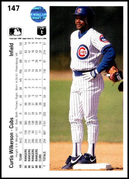 Chicago Cubs player Curtis Wilkerson in pinstriped uniform on the field