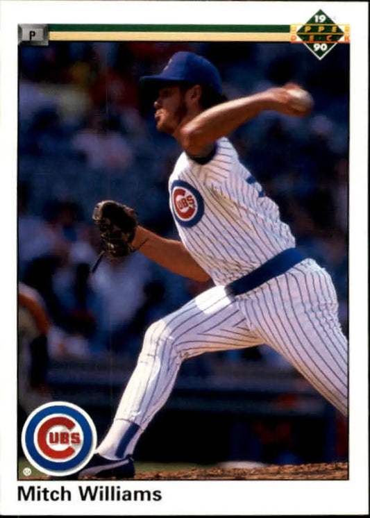 Mitch Williams pitching in pinstriped uniform on 1990 Upper Deck Baseball Card