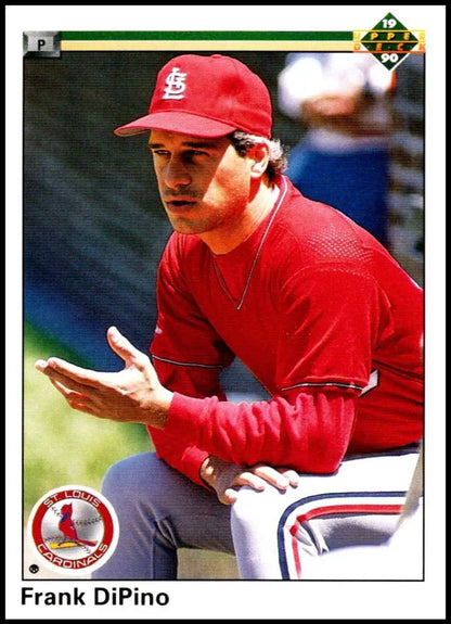 Baseball player in red St. Louis Cardinals uniform on 1990 Upper Deck Frank DiPino card