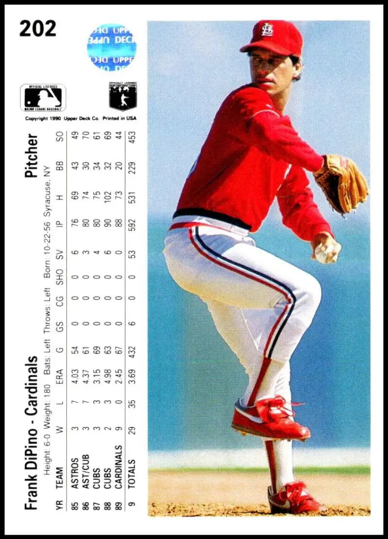 Baseball pitcher Frank DiPino in red uniform on 1990 Upper Deck baseball card