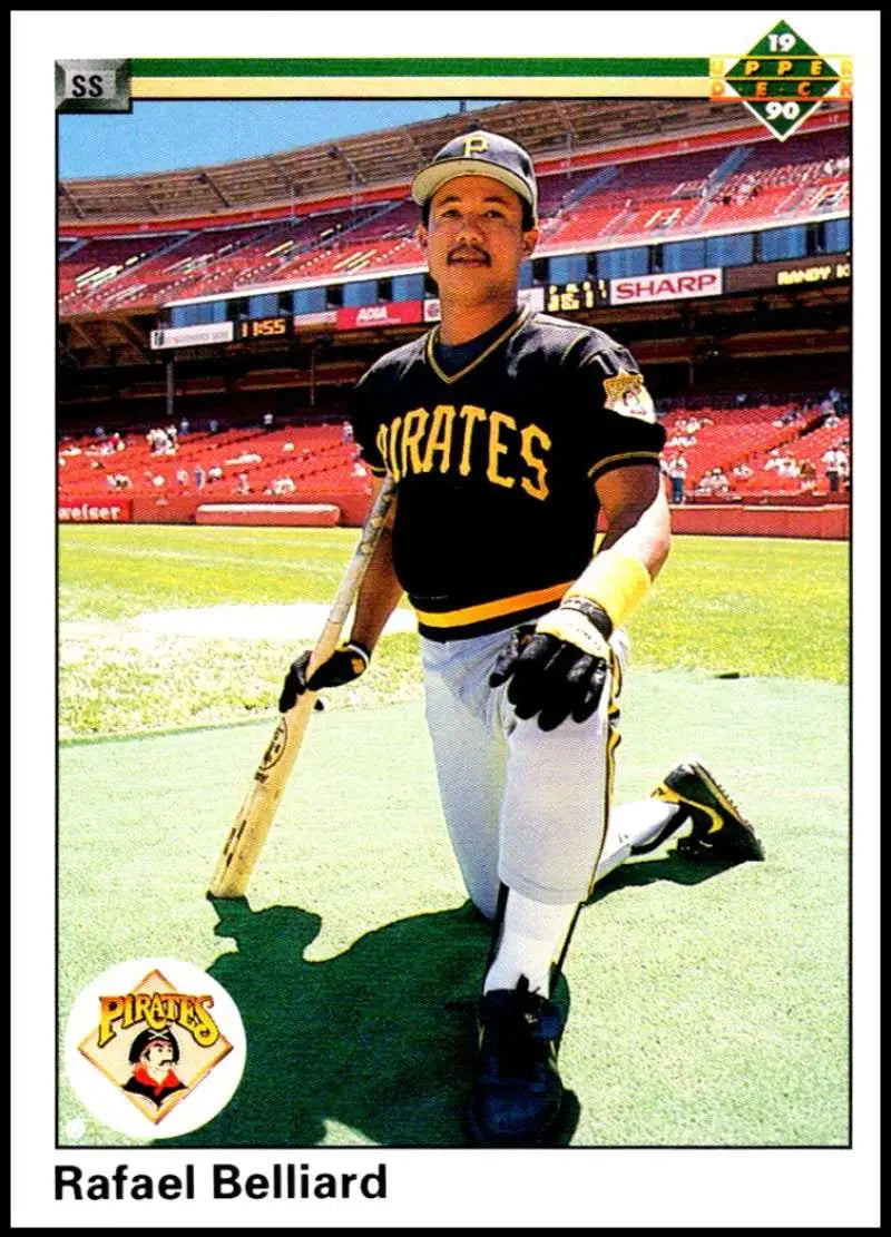 Pittsburgh Pirates player Rafael Belliard in black and gold uniform with bat