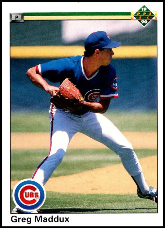 Chicago Cubs pitcher Greg Maddux mid-pitch on a baseball card