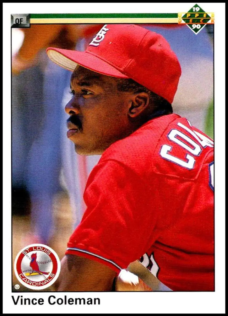 Vince Coleman in red uniform on 1990 Upper Deck baseball card for St. Louis Cardinals