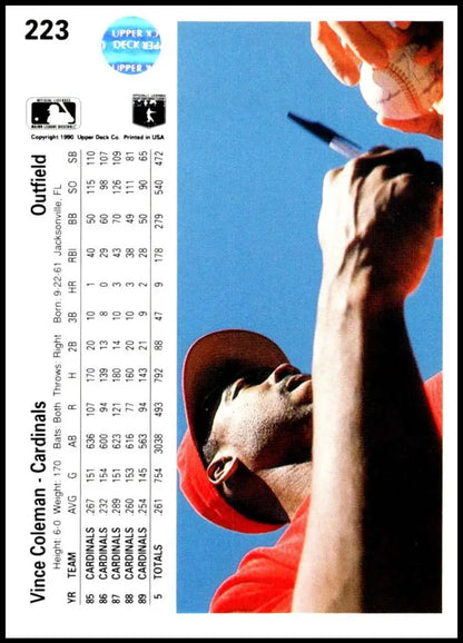 Vince Coleman in red uniform on 1990 Upper Deck baseball card looking upward