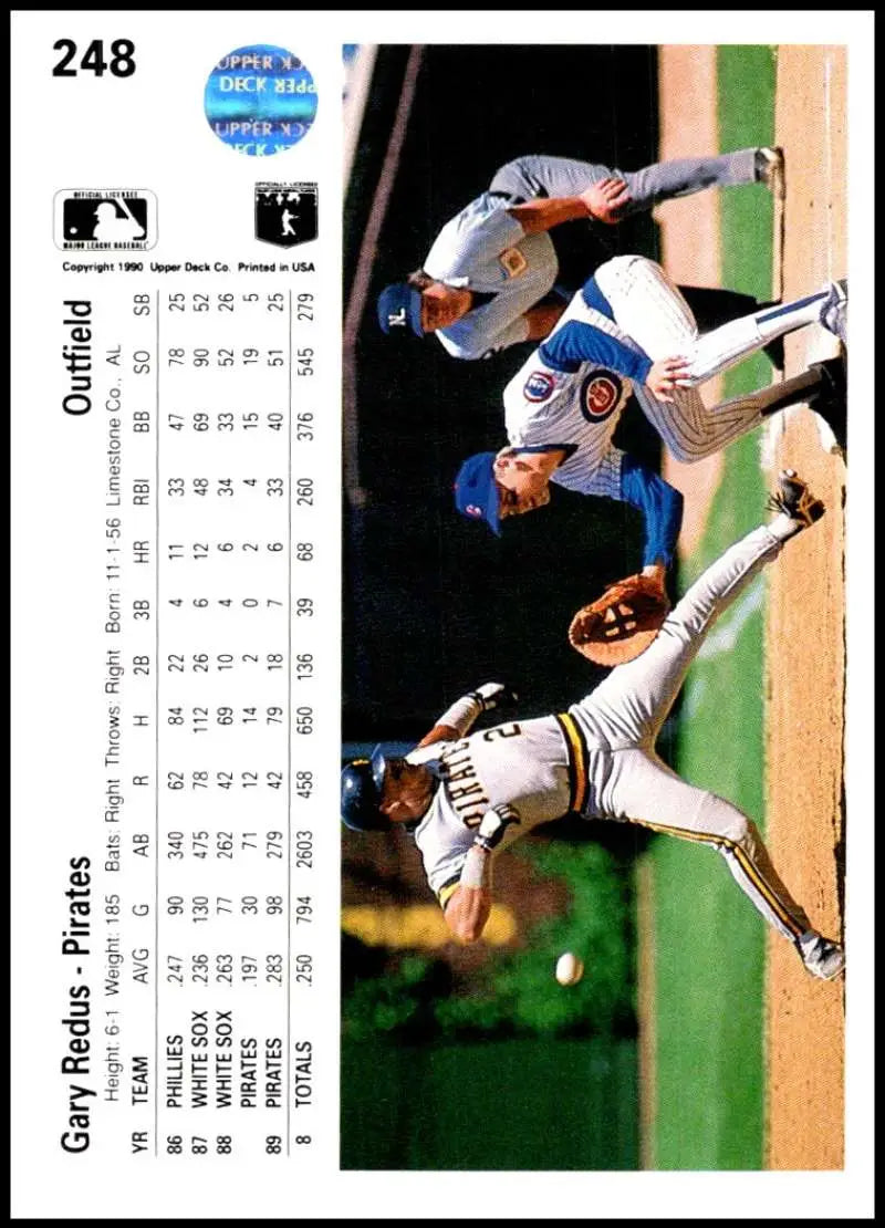 Baseball card of Gary Redus diving play at first base for Pittsburgh Pirates Baseball