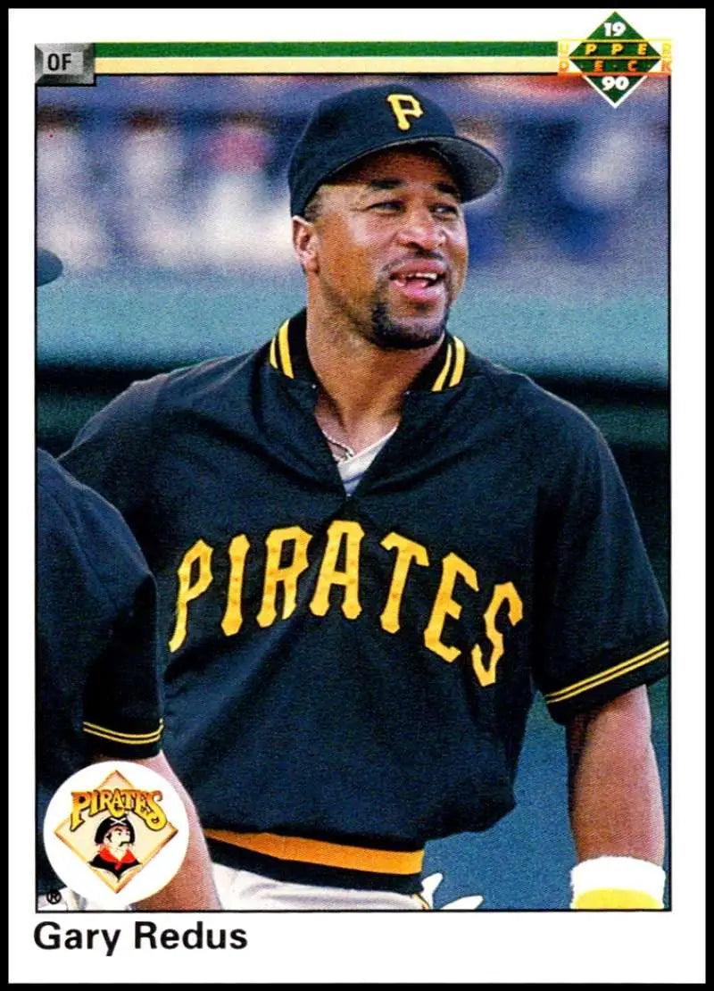 Pittsburgh Pirates player Gary Redus in black uniform with yellow PIRATES lettering