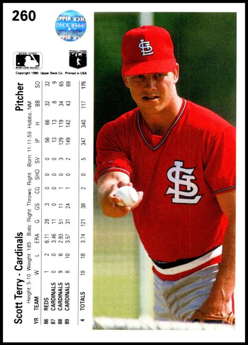 Scott Terry in red St. Louis Cardinals uniform holding baseball for Upper Deck card