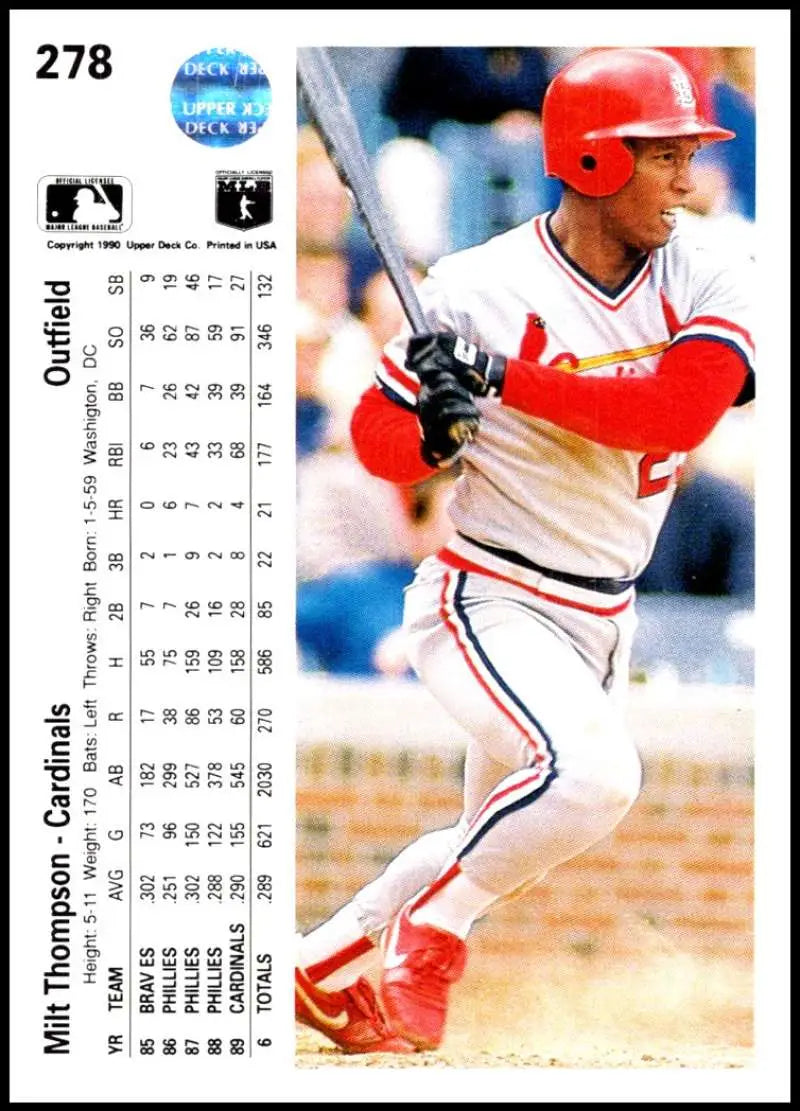 Milt Thompson swinging in red and white uniform on 1990 Upper Deck St. Louis Cardinals card