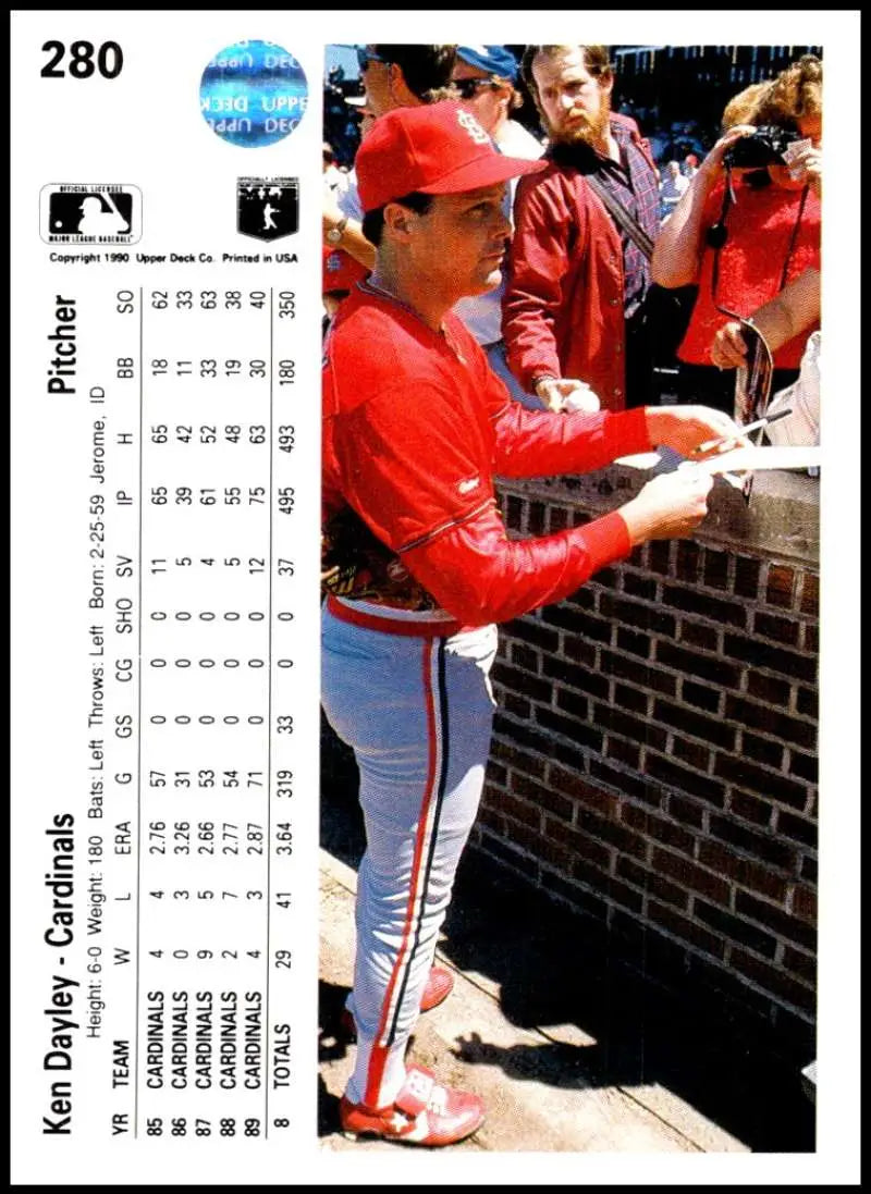 Baseball card of Ken Dayley in red St. Louis Cardinals uniform signing autographs