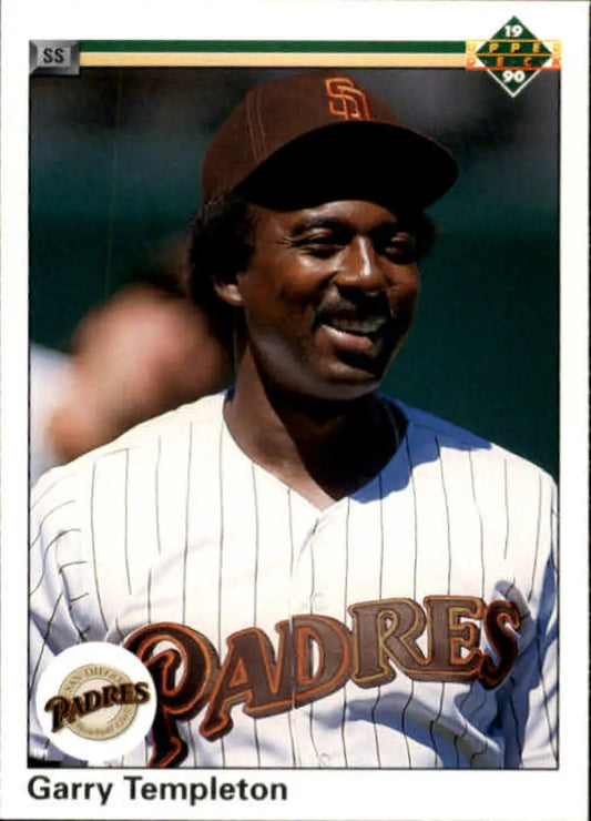 Garry Templeton San Diego Padres baseball card in pinstriped uniform and brown cap