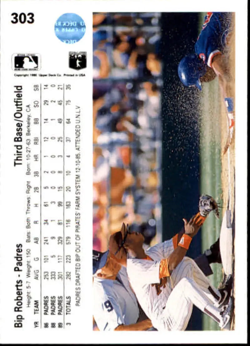 Bip Roberts diving catch near dugout on 1990 Upper Deck San Diego Padres baseball card