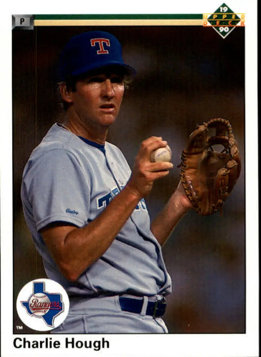 Texas Rangers Charlie Hough holding a baseball and glove, featured on baseball card