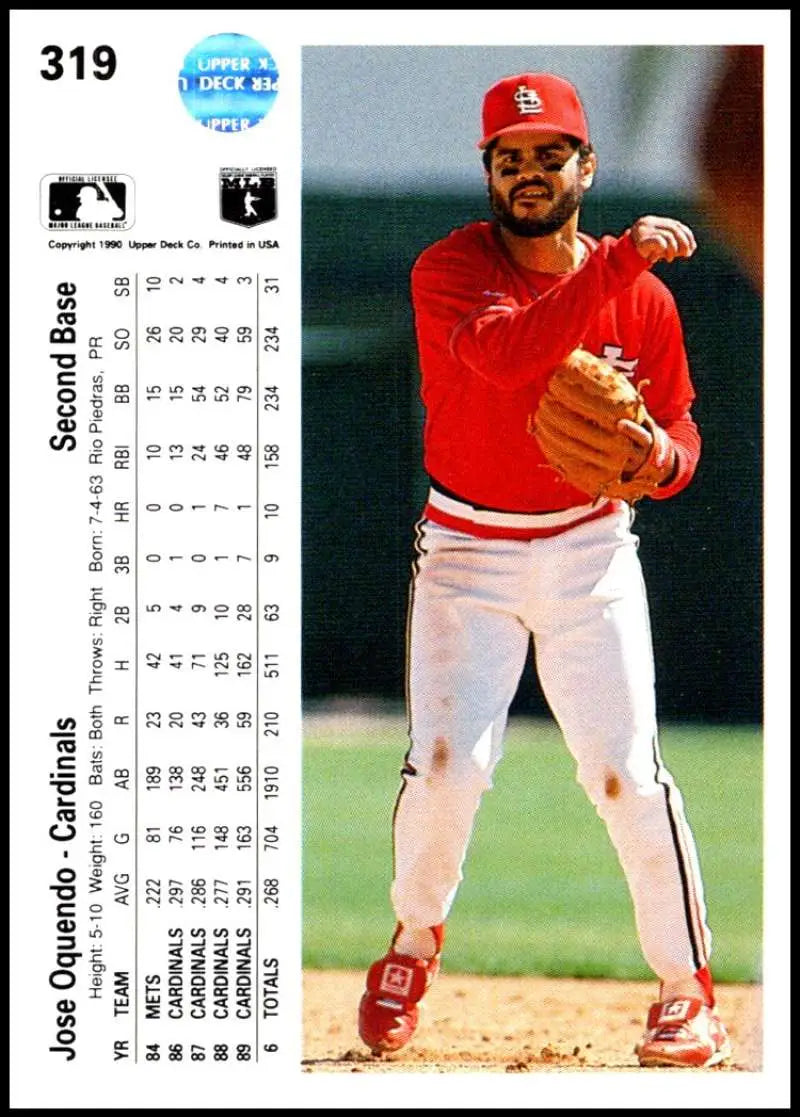 Jose Oquendo in red uniform on 1990 Upper Deck St. Louis Cardinals baseball card