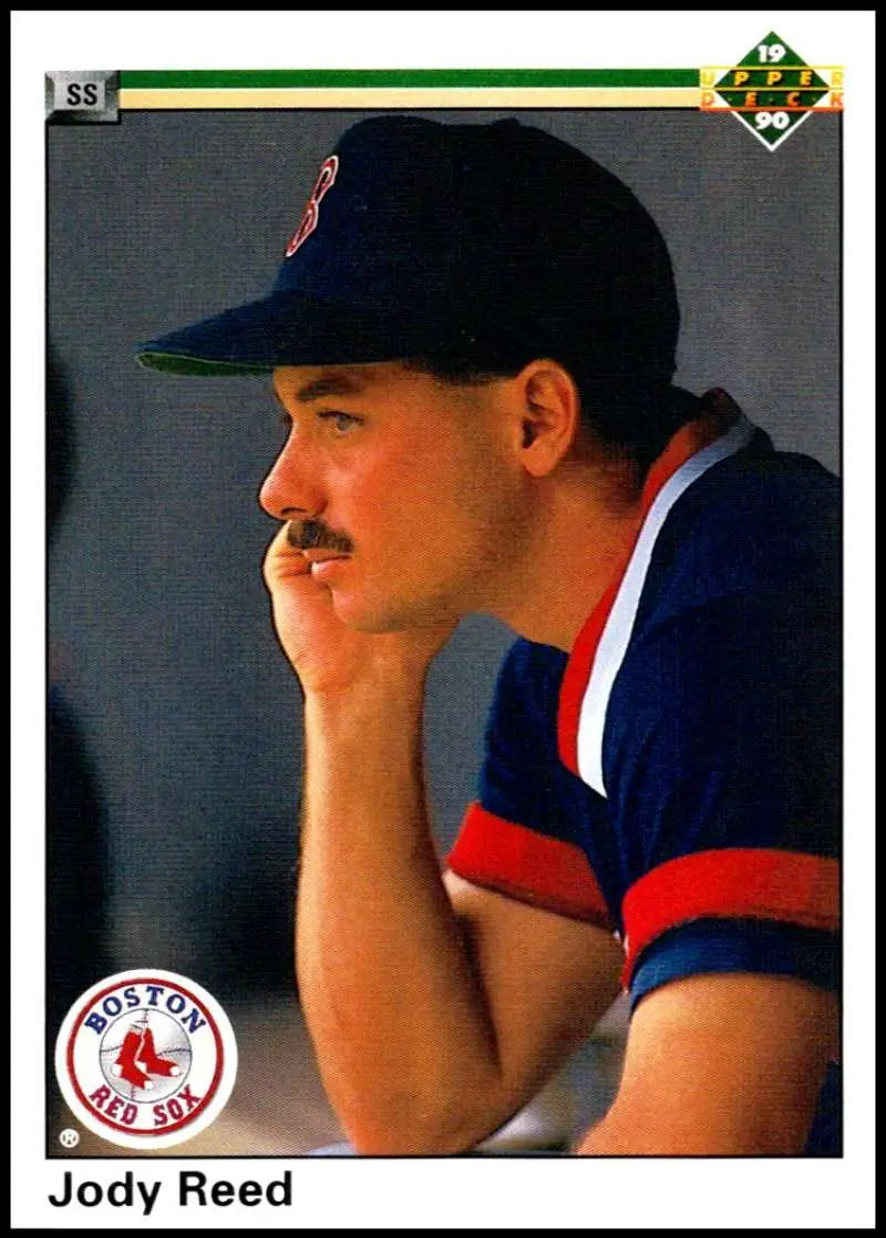 Jody Reed in Boston Red Sox uniform sitting thoughtfully on baseball card