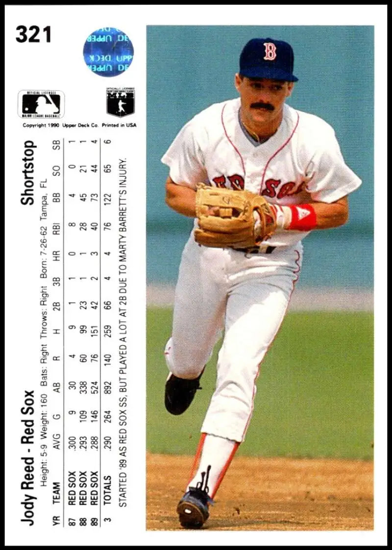 Boston Red Sox baseball card of Jody Reed in fielding position, 1990 Upper Deck #321