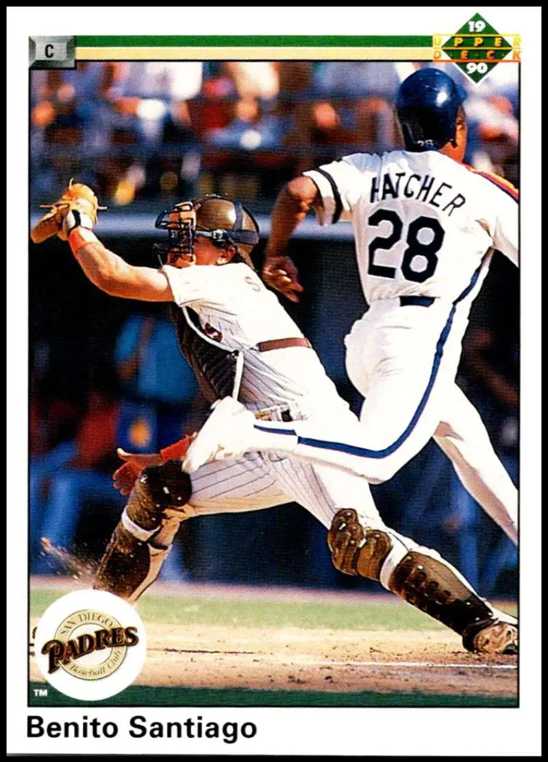 1990 Upper Deck Baseball Card of Benito Santiago tagging a runner for San Diego Padres