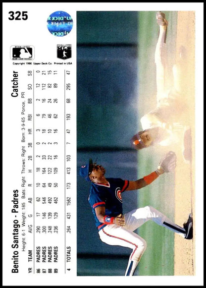 Baseball card of Benito Santiago diving in navy and orange uniform for San Diego Padres