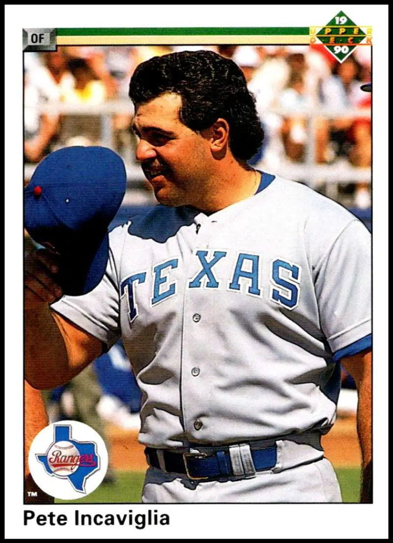 Pete Incaviglia smiles in Texas Rangers uniform on 1990 Upper Deck baseball card