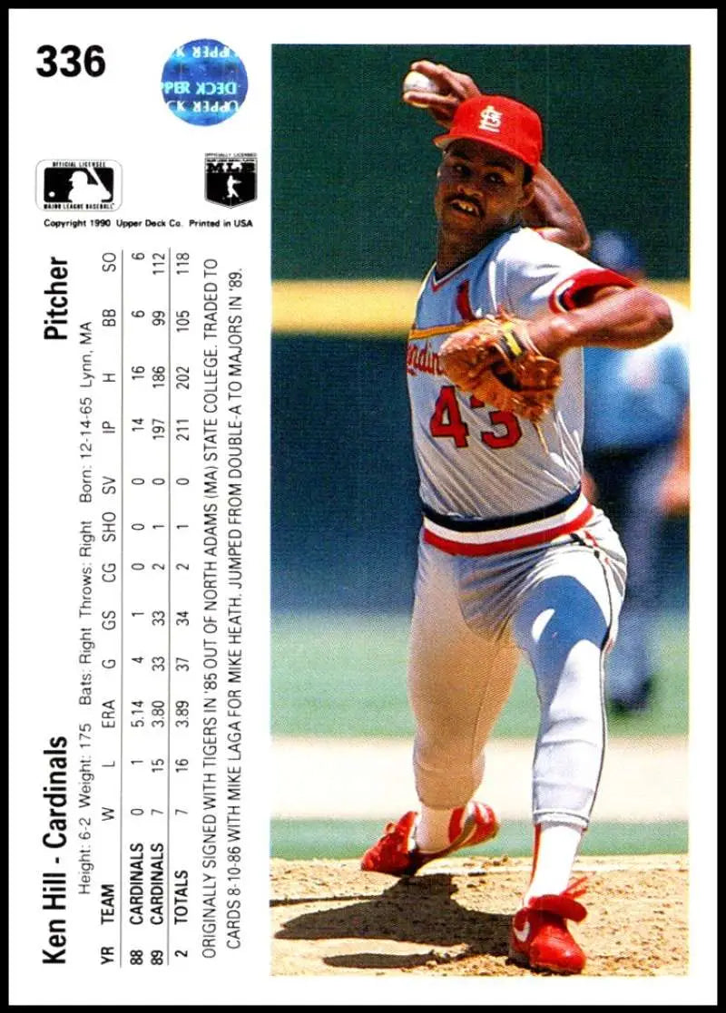 A baseball card featuring Ken Hill in a red and white St. Louis Cardinals uniform