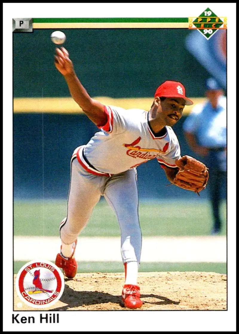 Ken Hill pitching in a white and red St. Louis Cardinals uniform for Upper Deck card