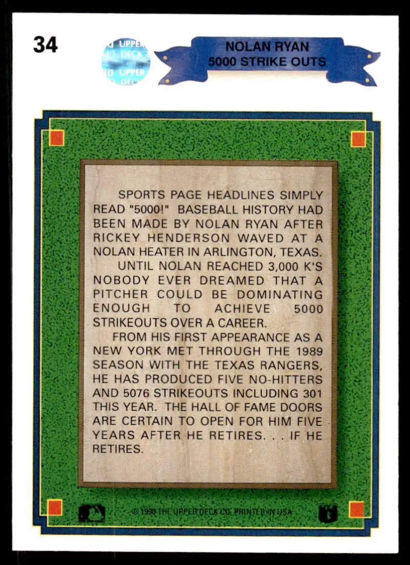 Baseball card showcasing Nolan Ryan’s 5,000th strikeout, Upper Deck Texas Rangers memorabilia