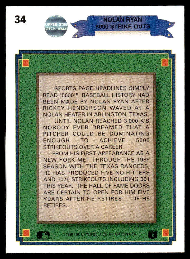 Nolan Ryan 1990 Upper Deck Texas Rangers card celebrating 5000th strikeout milestone