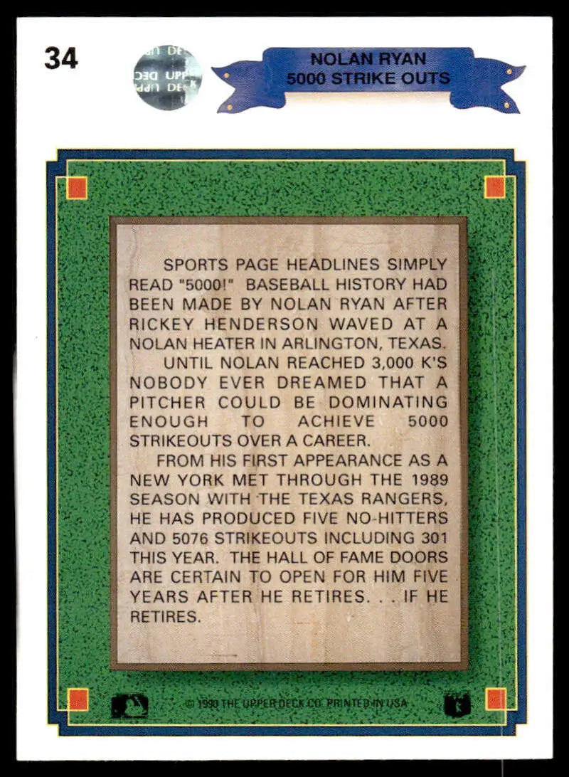 Nolan Ryan Texas Rangers baseball card highlighting 5000th strikeout milestone