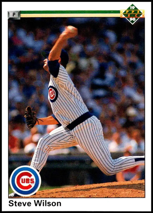 Steve Wilson delivering pitch in Chicago Cubs pinstriped uniform baseball card image