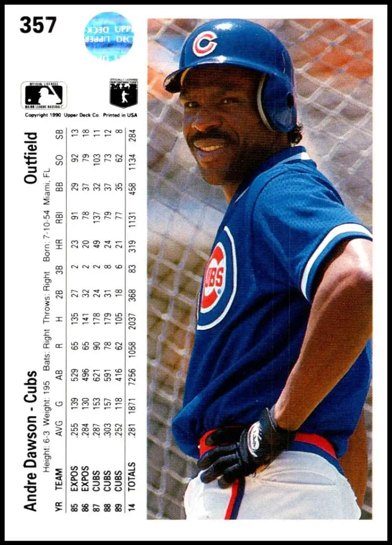 Chicago Cubs baseball player Andre Dawson smiling in uniform on 1990 Upper Deck card