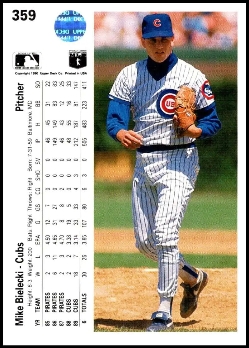 Chicago Cubs pitcher Mike Bielecki in pinstriped uniform on the mound for Upper Deck card