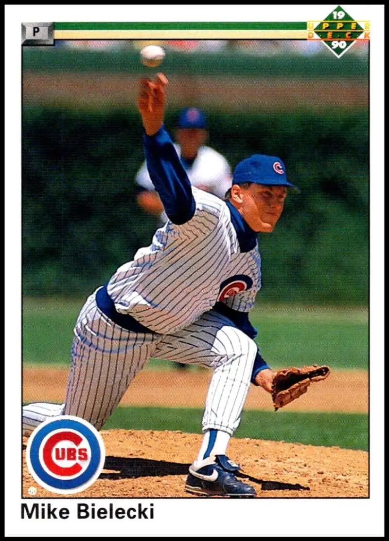 Chicago Cubs pitcher Mike Bielecki in pinstriped uniform from Upper Deck card