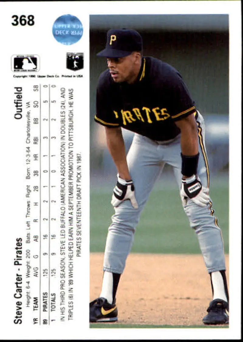 Steve Carter fielding in black and gold uniform on 1990 Pittsburgh Pirates baseball card