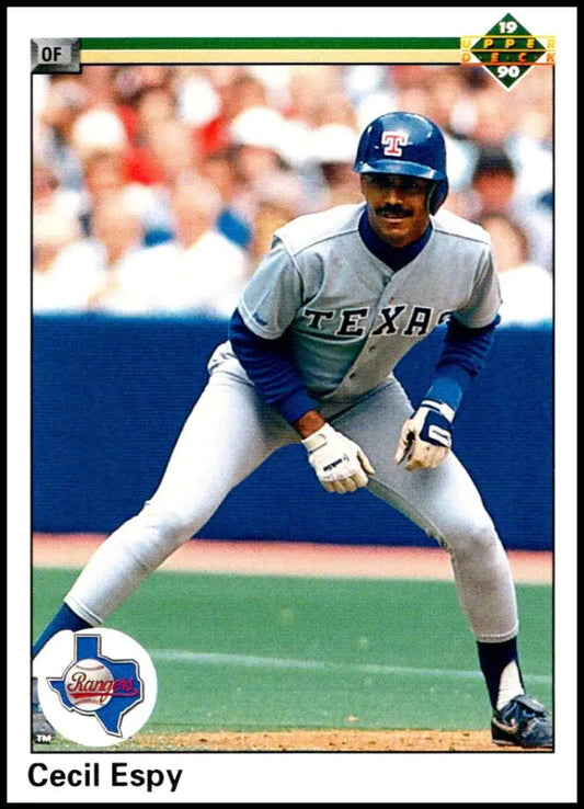 Cecil Espy leads off base in Texas Rangers road uniform on 1990 baseball card