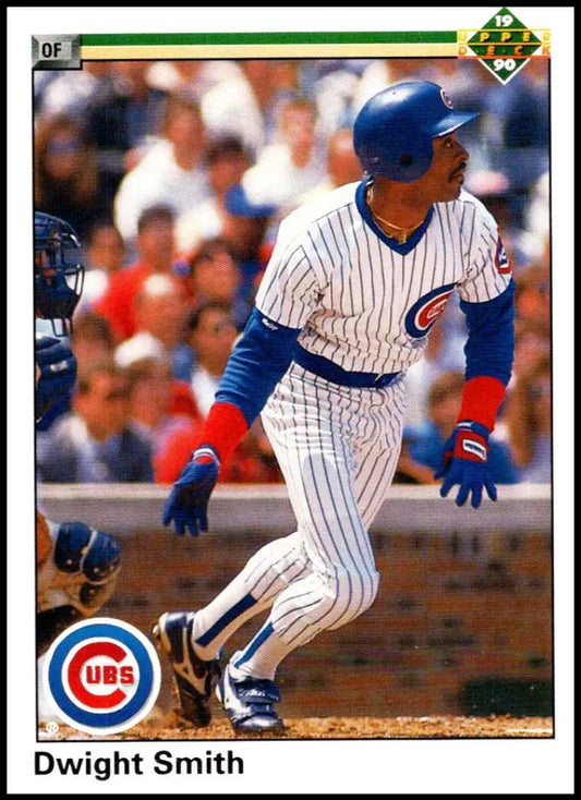 Dwight Smith swinging bat in pinstriped Chicago Cubs uniform on baseball card